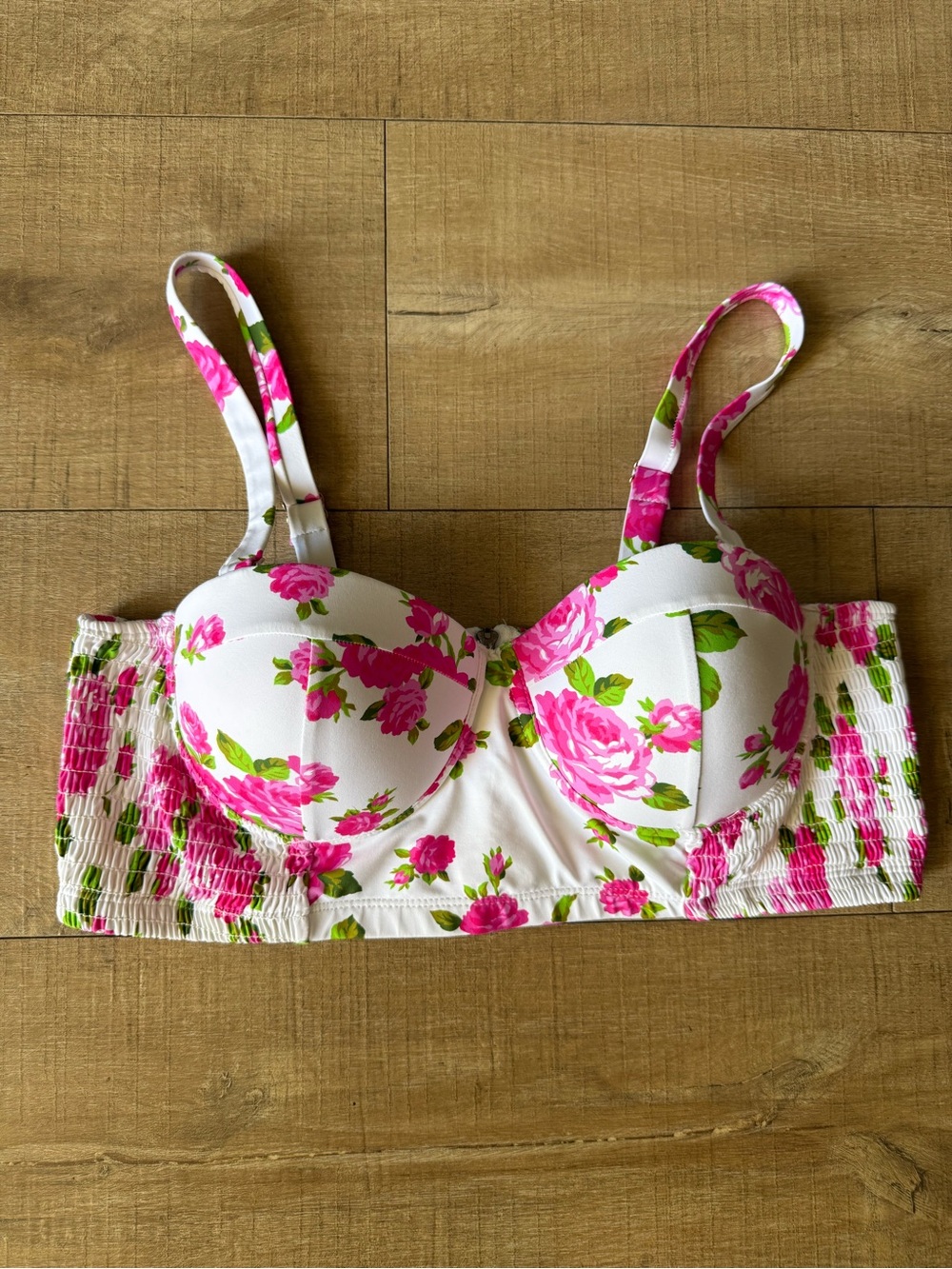 Betsey Johnson Bikini top White Bustier Pink Floral Print smocking size large